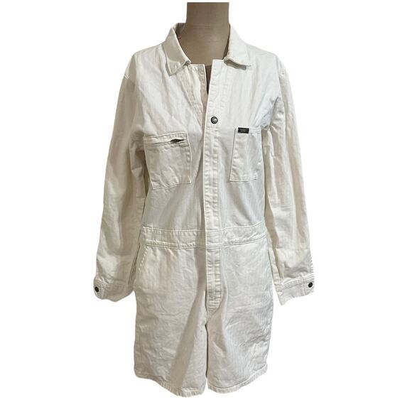 Lee Jumpsuit Vintage Modern White Cotton Long Sleeve Shorts Romper - Picture 2 of 7